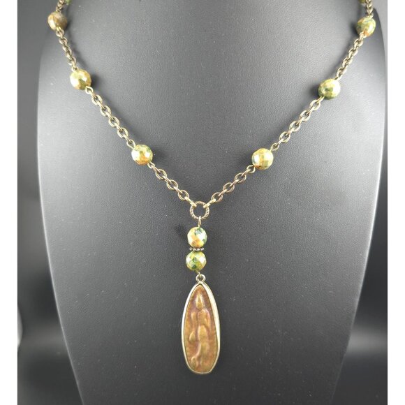 Jewelry - Vntg Tibetan Walking Buddha Amulet Necklace 2 Side Pendant 22" Long Green Stones